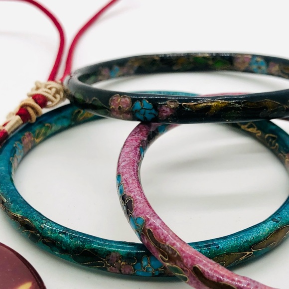 Vintage Cloisonne Bangles & Stone Pendant Necklace - Picture 9 of 11